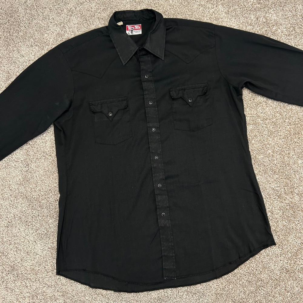 Vintage Tem‎ Tex Western Shirt Pearl Snap Size 17 36 Black USA Extra Long Tail